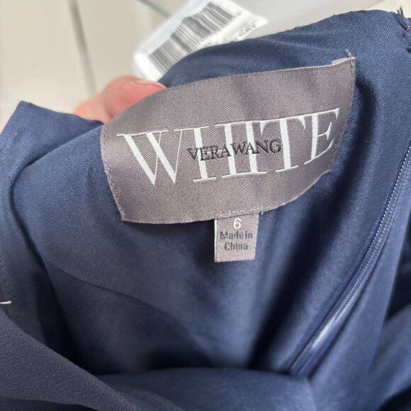 Vera Wang White One Shoulder Dress with Satin Sash - Navy Blue - Size 6 - Picture 6 of 6